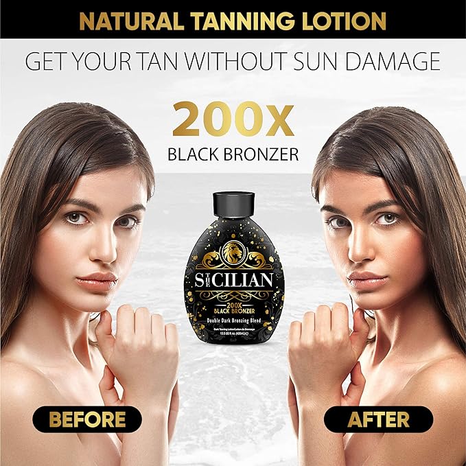 The Sicilian 200X Dark Black Bronzer Tanning Lotion - BEST Tanning Lotion For Glowing Skin - Gradual Bronzing & Sunless Self Tanner Lotion - Luxurious Sunless Body Tanning Lotion Nourishes Skin