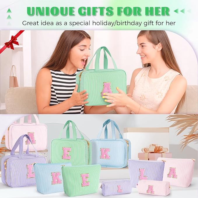 Fystdtote Initial Toiletry Bag for Women - Monogram Cute Makeup Bags Cosmetic Toiletry Pouch Make Up Case for Women Her Friend Friendship Sister Teacher - Green E
