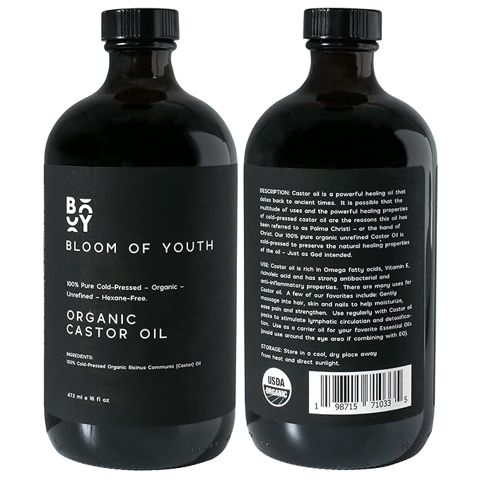 100% Pure Cold Pressed Organic Castor Oil, Glass Bottle 16oz | Hexane Free, Unrefined, USDA Certified | For Hair, Skincare, Castor Oil Pack, Face, Joints, Carrier Oil, Eyelashes, Eyebrows