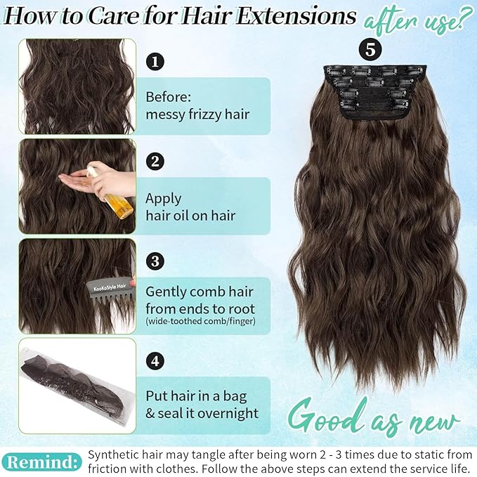KooKaStyle Hair Extensions Long Wavy 4PCS Thick clip in hair extensions Hairpieces Chocolate Brown Fiber Double Weft Natural Synthetic Hair Extensions 20 Inch for Women