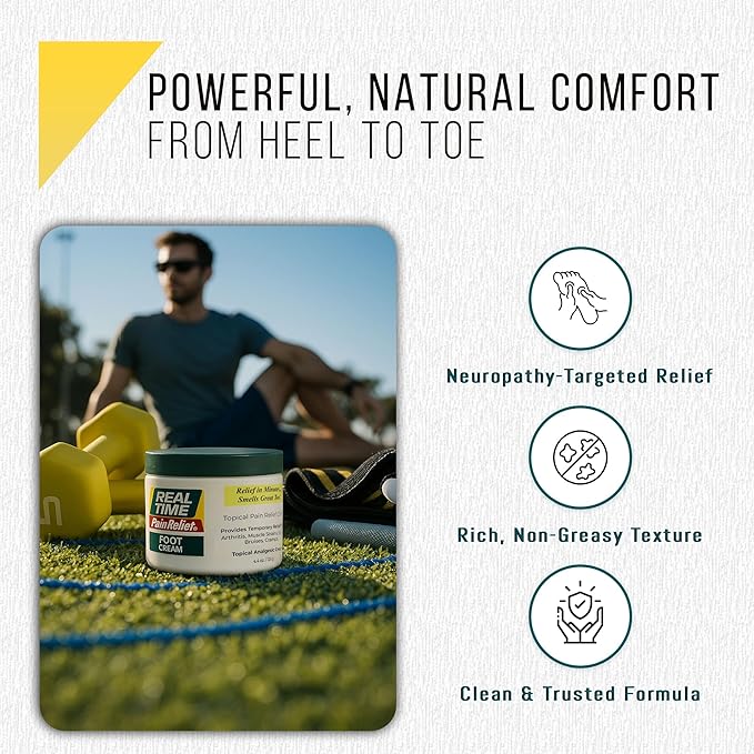 Real Time Pain Relief Foot Cream 4.4oz Jar | 15 Natural Ingredients: Menthol, Tea Tree Oil, Vitamin E & Emu Oil | Advanced Neuropathy Relief & Soothing Lotion for Tired, Swollen, Sore & Aching Feet