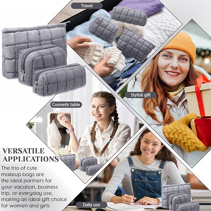 Huhumy 3 Pcs Puffy Makeup Bag Quilted Cosmetic Pouch for Women Cute Checkered Travel Toiletry Bag Puffer Makeup Organizer Purse Pouch Preppy Pencil Case with Zipper