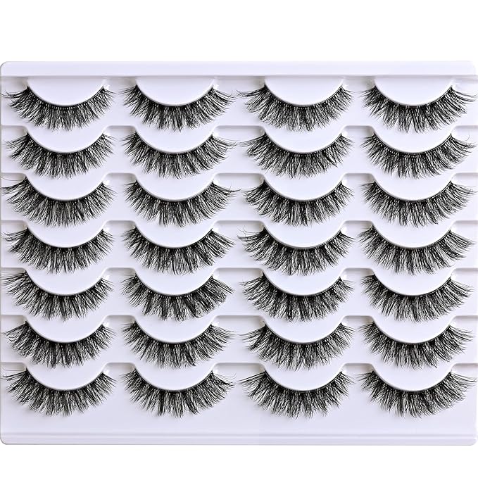 Cat Eye Lashes Natural Wispy Eyelashes 14 Pairs Short Fake Lashes Strips 9-14mm False Mink Eyelash Pack Small Clear Invisible Band Strip Lash Natural Look