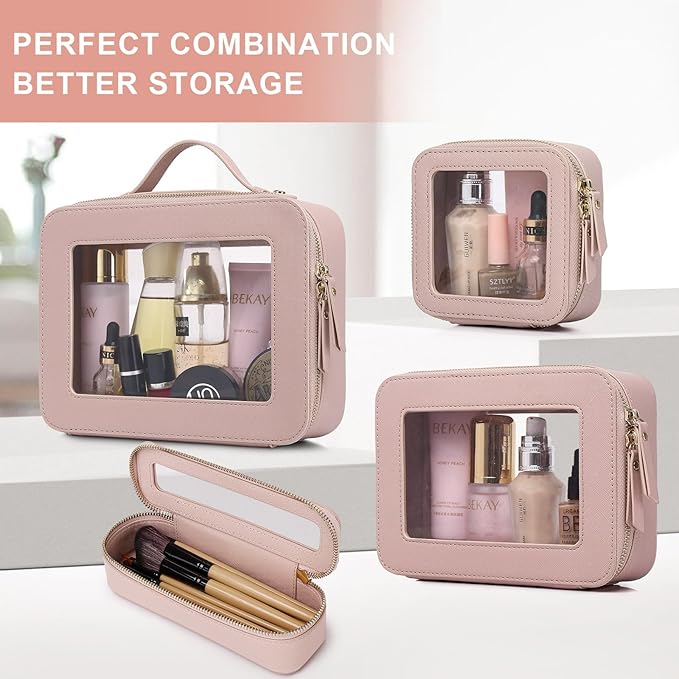 Pinkmik Clear Makeup Bag Waterproof Travel Case for Cosmetics and Toiletries Women's Purse Organizer and Clear Car Bag with Zipper (Pink, M+MINI)