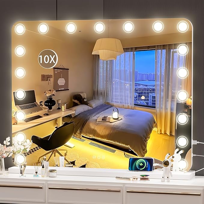 Hasipu Vanity Mirror with Lights, 40" x 32" Makeup Mirror, Light up Mirror with 19 Dimmable LED Lights and 10X Magnification, 3 Colors Modes, Touch Control, USB Charging Port, White (Round)