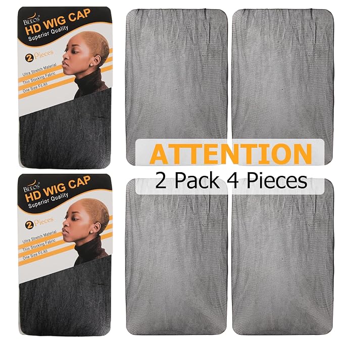 BEEOS Black SKINLIKE HD Wig Cap, 4 Pieces Invisible and Sheer Breathable Ultra-thin Stretchy Stocking Caps for Lace Front Wigs, Bald Cap for Women