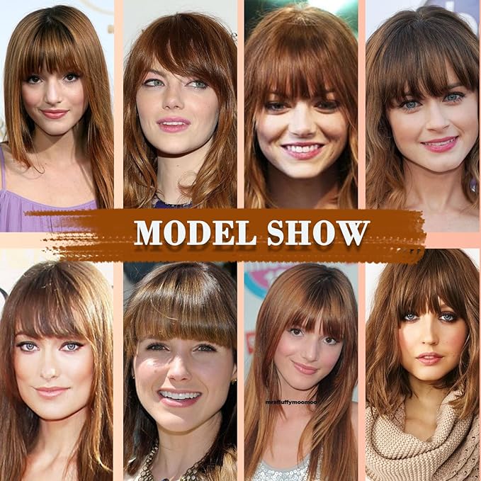 Clip on Wispy Bangs-Real Human Hair Clip in Bangs Hairpieces Medium Brown Fake Air Bangs Fringe with Temples Bangs Hair Clip Extensions