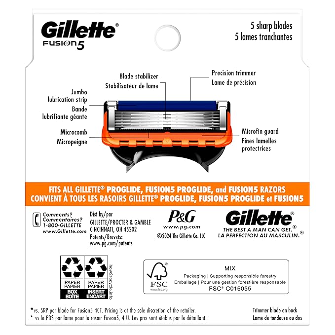 Gillette Fusion5 Razor Blade Refills for men- 12 Count – 5-Bladed with Lubrication Strip and Precision Trimmer