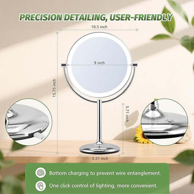 9" Large Lighted Makeup Mirror with Magnification 20X/1X, Magnifying Mirror with Base Charging and Switch, Rechargeable Vanity Mirror with 3 Color Dimmable Lights for Dresser, Bathroom