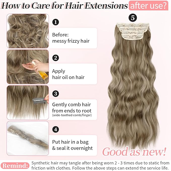 KooKaStyle Hair Extensions Ashy Taupe Blonde Clip in Synthetic Highlight Long Wavy 4PCS Thick Hairpieces for Daily Use 24 Inch for Women