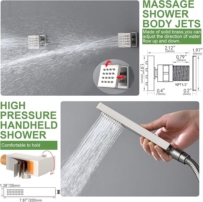 HOMEDEC Dual Side 6" Wall Mounted Shower System, 15.7x31.5" Ceiling Rain Shower, with Handheld and 6 Spray Jets, Brushed Nickel