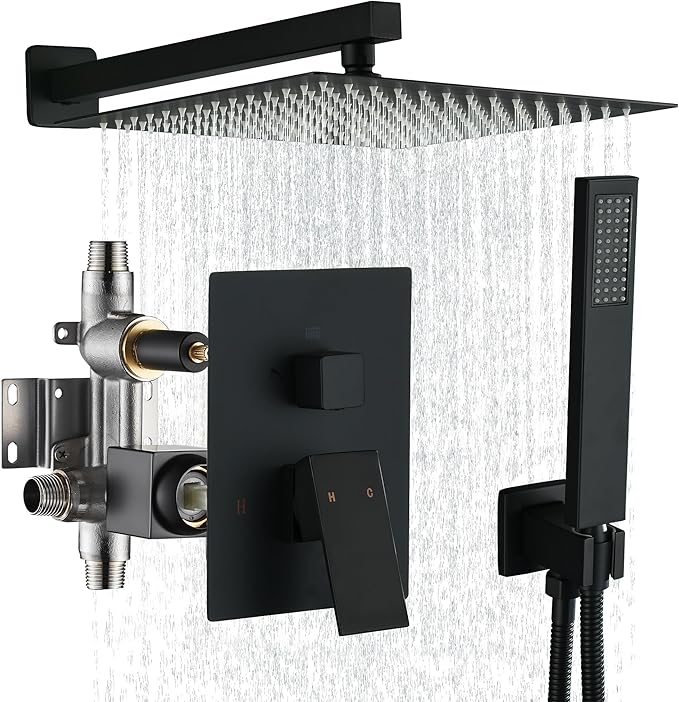 Fransiton Shower Faucet set with Shower head 10 Inches Rainfall Shower Head and Handle Set Single Handle Wall Mounted Shower System Set with Female Threads Valve Body(Matte Black)
