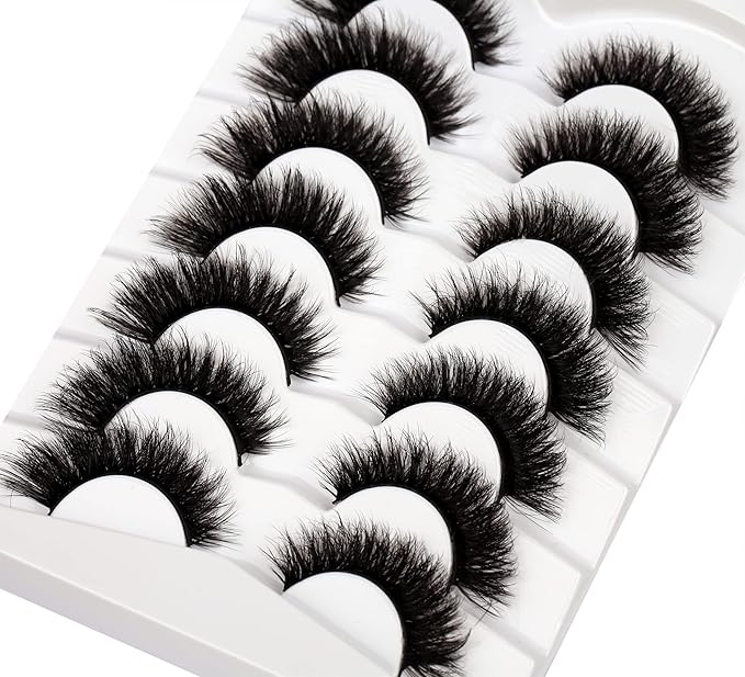 Pooplunch False Eyelashes Cat Eye Look 18MM Dramatic Volume Thick Wispy Long Faux Mink Lashes Fake Eyelash Strips 7 Pairs Pack