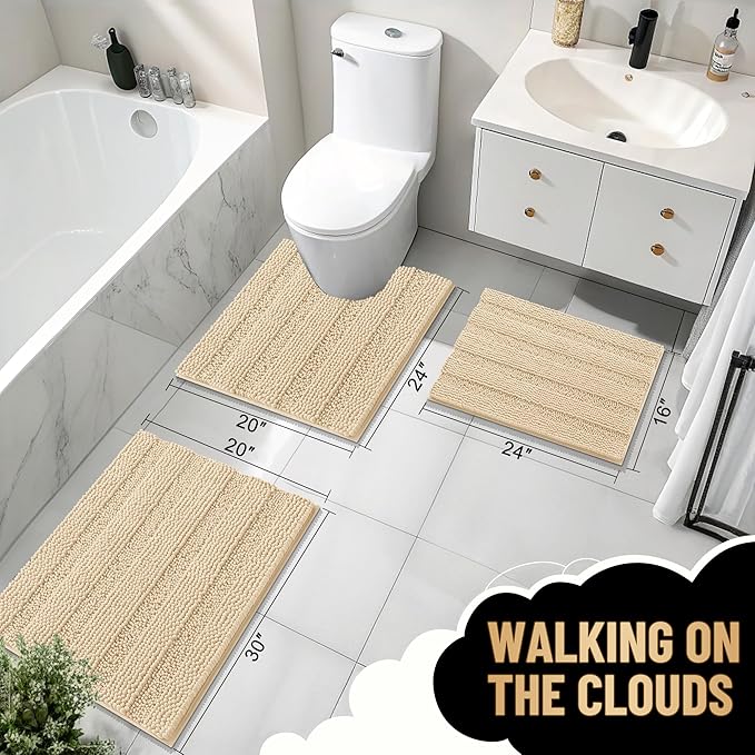 OLANLY Thick Bathroom Rugs 44x24, Extra Soft Absorbent Chenille Striped Bath Rugs, Rubber Backing, Machine Wash Dry, Bath Mats for Bathroom Floor, Tub and Shower, Home Decor Accessories, Beige