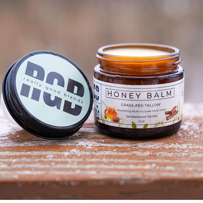 Tallow and Honey Balm, Organic Body Butter, Grass-Fed Beef Tallow for Skin, Soothing All-Natural Moisturizer for Body and Face | Made in USA - 2 oz (Sandalwood Vanilla)