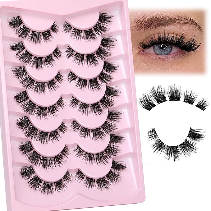 JIMIRE False Eyelashes Natural Look Wispy Lash Clusters Manga Cat Eye Lashes 15MM Mink Lashes Fluffy Russian D Curly Strip Lashes Look Like Lash Extensions Pestañas 7 Pairs Pack