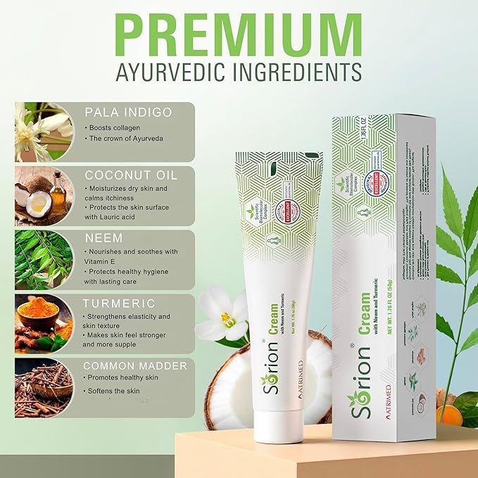 Sorion Cream - Herbal Moisturizer for Dry Skin, Itchy and Flaky Skin with Coconut Oil, Neem, Turmeric and Pala Indigo Skincare Body Cream