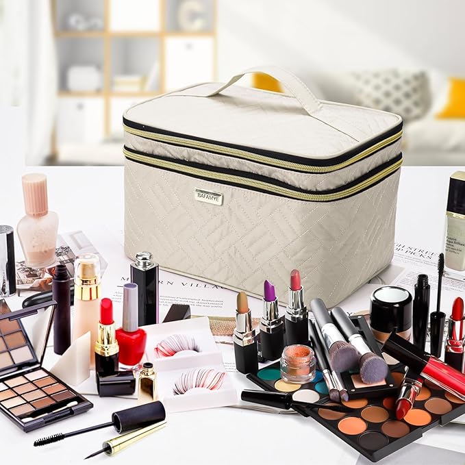BAFAMYE 8.8L Double Layer Travel Makeup Bag With Mirror For Women, Large Cosmetic Case, Organizer for Travel-Size Accessories Bottles, Brushes,and Skin Care Products, 2.33 GAL, Beige