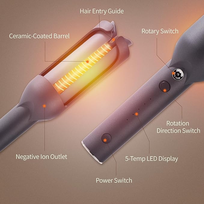 Upgraded Automatic Rotating Curling Iron - CurlPro Plus Long Barrel Curling Wand for Long Hair, Ceramic Hair Curler for Women, Anti-Scald, Tangle-Free, 600M Ionic, Dual Voltage (Dark Grey)