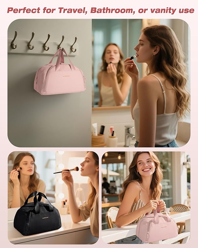 Marscamd Travel Toiletry Bag for Women, Waterproof Makeup & Cosmetic Organizer with Leakproof Pockets for Bathroom or Vanity Use, Pink