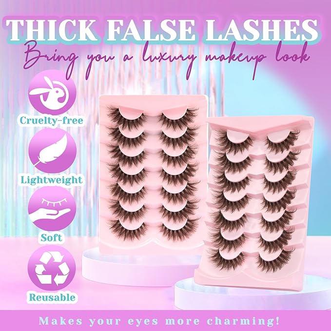 Losha Brown Lashes Volume False Eyelashes Fluffy Cat Eye Lashes 7 Pairs Crisscross Lashes Strips with Clear Band 8-18mm Thick Fake Eyelashes (FC03 Brown)