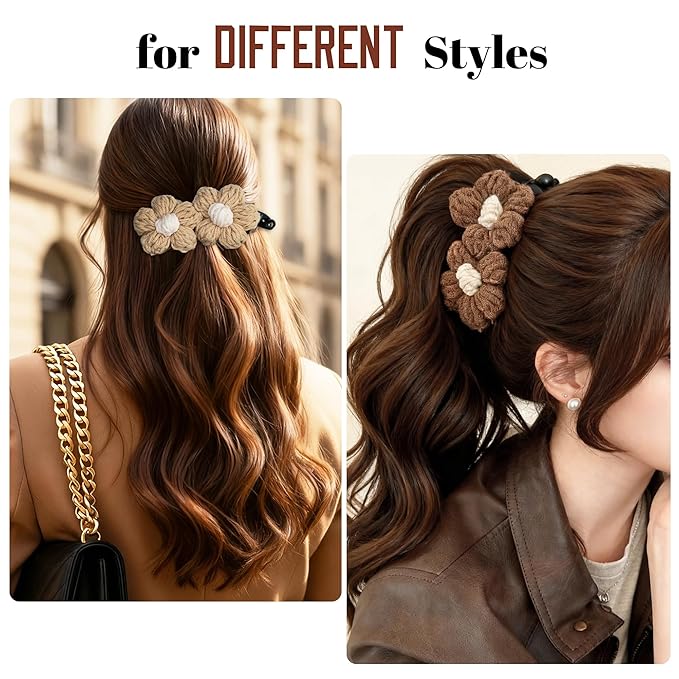 4Pcs Knitted Large Flower Banana Hair Claw Clips, Boho Yarn Hair Accessories for Women Girls, Non-Slip Floral Hair Jaw Clamps for Thick/Medium/Thin Hair, Cute Banana Hair Clips for Daily decoration