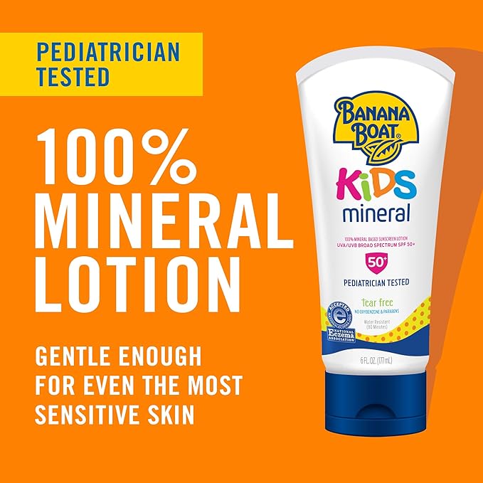 Banana Boat Kids 100% Mineral Sunscreen Lotion SPF 50, Twin Pack | Kids Sunscreen, Kids Sunblock, Banana Boat Mineral Sunscreen for Kids, Oxybenzone Free Sunscreen SPF 50, 6oz each (Pack of 2)