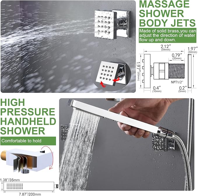 HOMEDEC 15.7x31.5" Rainfall Shower Head System, with 6 Body Jets with Handheld and Dual Side 6" Wall Mount Head, Chrome