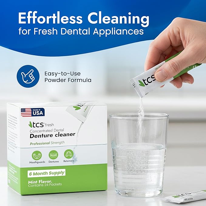 TCS Fresh Denture Cleaner – Professional Strength Concentrated Cleanser Mint Powder for Dental Cleaning – For Dentures, Night Guards, Aligners & Retainer Cleaner – 24 Packets (6 Month Supply)
