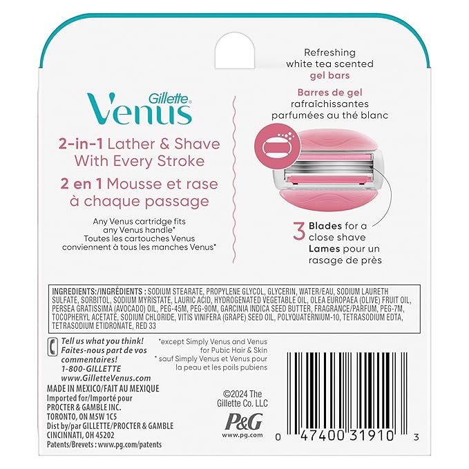 Gillette Venus ComfortGlide White Tea Women's Razor Blades, 3-Blade Razor Refills, 6 Count, Holiday Gifts for Women