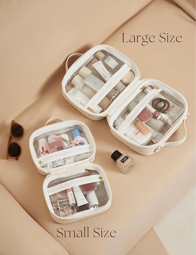 Oaque Clear Cosmetic Bag Double Layer Travel Toiletry Bag Clear Makeup Bag Case with 4 Compartments, Transparent Travel Bag for Toiletries, Large Toiletry Bag for Women Cosmetic Case (White, Large)