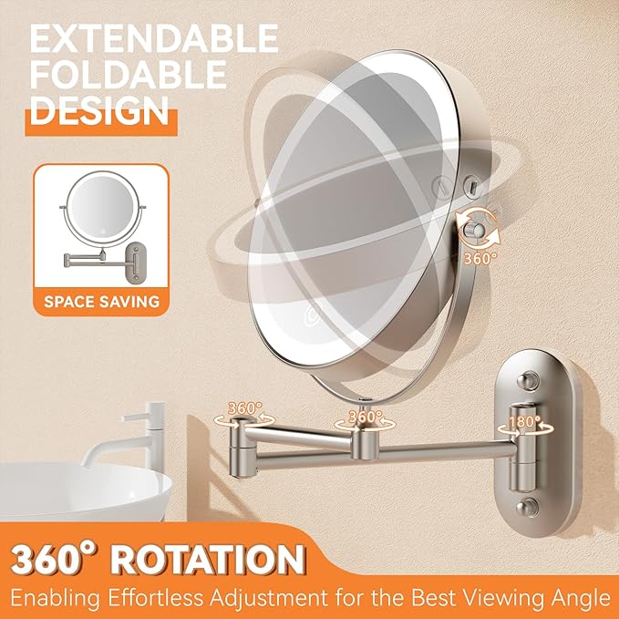 Auxmir 1X/30X Wall Mounted Lighted Makeup Mirror, 8" 3200 mAh Rechargeable Double-Sided Magnifying Mirror, Touch Dimmable 3 Color Lights, 360ยฐ Rotating Foldable 14.5" Extension Arm, Brushed Nickel