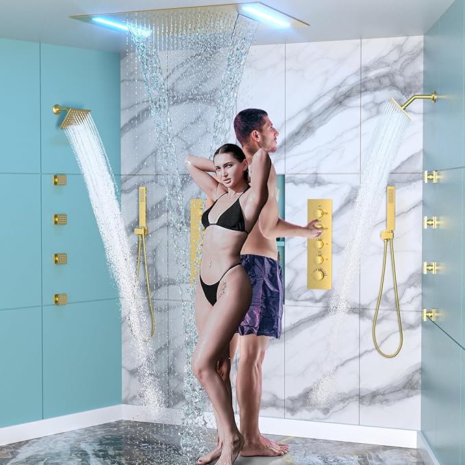 HOMEDEC Dual Shower System for Two, LED 14x20" & 6" Shower Heads, 4-Way Diverter Valves, Shower Faucet Set with Body Jets & Handheld, Brushed Gold