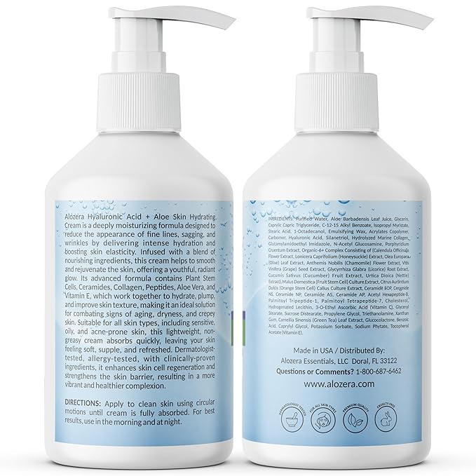 Alozera Hyaluronic Acid Body Lotion with Aloe & Stem Cells, Daily Moisturizing Lotion for Dry, Sensitive Skin Hydration, Non-Greasy, Lightweight Moisturizer, Fragrance-Free, 16.9 oz 2-Pack