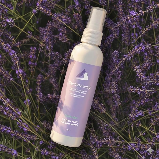SwaytAway Fitness Mat Mist – 4oz Travel Size Yoga Mat Spray with Towel - (Pack of 2) – Aromatherapy-Inspired Lavender and Patchouli Blend – Plant-Based, No Rinse, Refreshes & Deodorizes