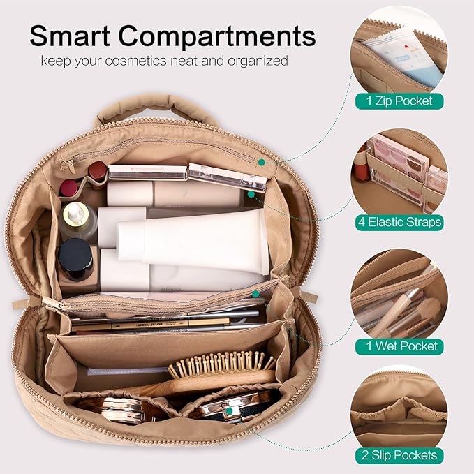 RunaFun Travel Makeup Bag for Women, Puffer Quilted Open Flat Makeup Organizer with Toiletry Bag, Portable Cosmetic Case for Travel & Daily Use, Brown