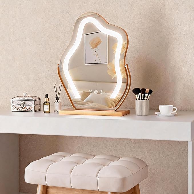 17″ Makeup Mirror with Lights Tabletop Cloud Shaped , Smart Touch, 3-Color Dim Lighting, 360° Rotation, Memory, Metal Frame, Plug-in AC Power, Vanity Mirror Gift for Women Teen Girls Champagne Gold