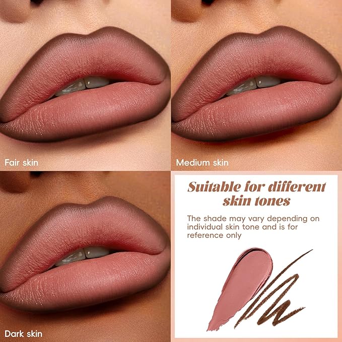 Noerrors 2PCS Gradient Lip Liner and Lipstick Lip Combo Set for Women, Brown Plumping Lip Liner Pencil & Nude Matte Lip Balm, Waterproof Long-Lasting Smudge-Proof Velvet Lip Makeup Kit for beginner