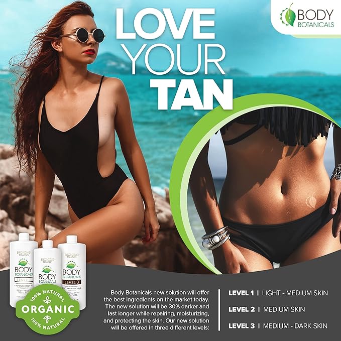 Body Botanicals, Professional Sunless Tanning Spray Tan Solution, Organic Essential Oils, Airbrush Formula, 33.8 Fl Oz. (Level 2 (10% DHA))