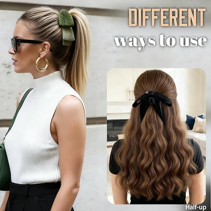 3Pcs Knitted Bow Banana Hair Clips Set, Cable Knit Hair Accessories with Satin Ribbon for Women Girls, Non-Slip Hair Women Daily Clamps for Medium/Thin/Fine Hair (NOT for Thick Hair)