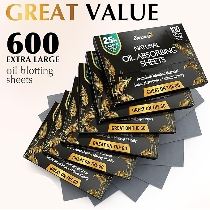 Natural Oil Blotting Sheets for Face with Bamboo Charcoal - 25% Larger - 6pk/600 Makeup Friendly Oil Absorbing Sheets for Face - Easy Dispensing Blotting Papers - Perfect for Keeping in Purse