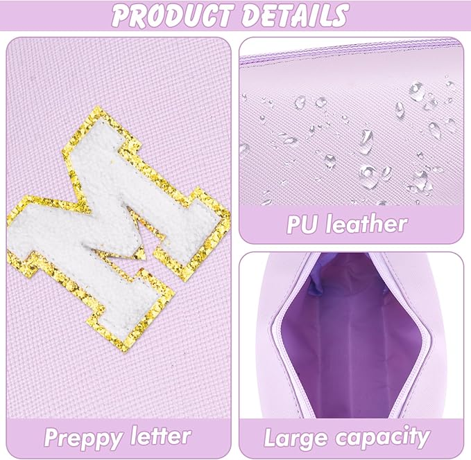 URSKYTOUS Gifts for Girls Initial Makeup Bag Personalized Cosmetic Bag with Zipper Cute Travel Toiletry Bag Waterproof PU Preppy Makeup Pouch Birthday Gift for Teen Girls Women(Purple M)