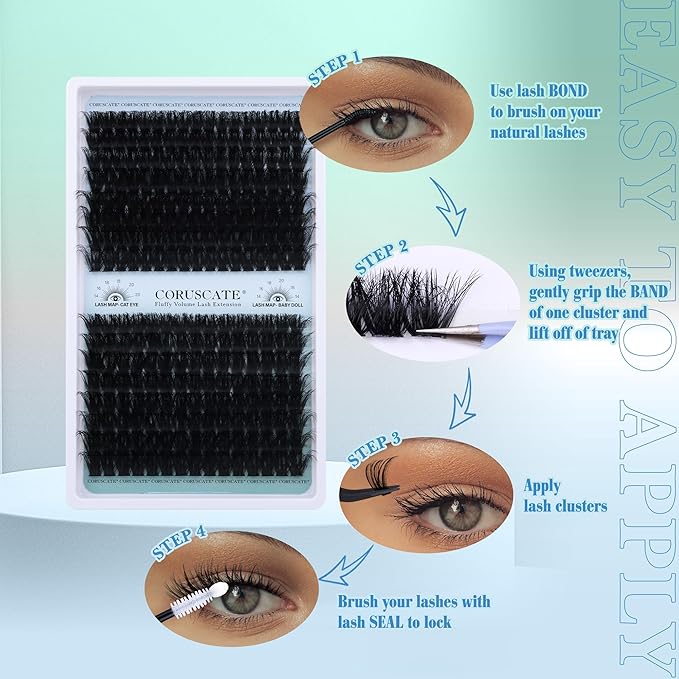 CORUSCATE Lash Clusters 120D+150D Eyelash Clusters Long Individual Lashes 14-18mm Thick Cluster Eyelash Extensions 256pcs Volume Strip Eyelashes Mink DIY Cat Eye Lashes Extension