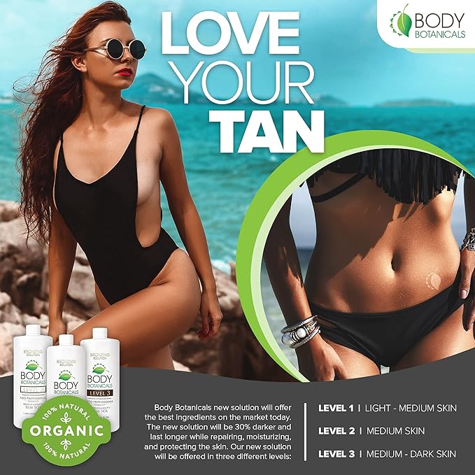 Body Botanicals, Professional Sunless Tanning Spray Tan Solution, Organic Essential Oils, Airbrush Formula, 33.8 Fl Oz. (Level 3 (12% DHA))