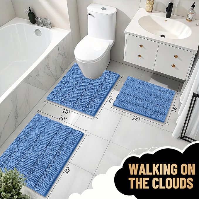 OLANLY Thick Bathroom Rugs 30x20, Extra Soft Absorbent Chenille Striped Bath Rugs, Rubber Backing, Machine Wash, Bath Mats for Bathroom Floor, Tub and Shower, Home Decor Accessories, Cornflower Blue