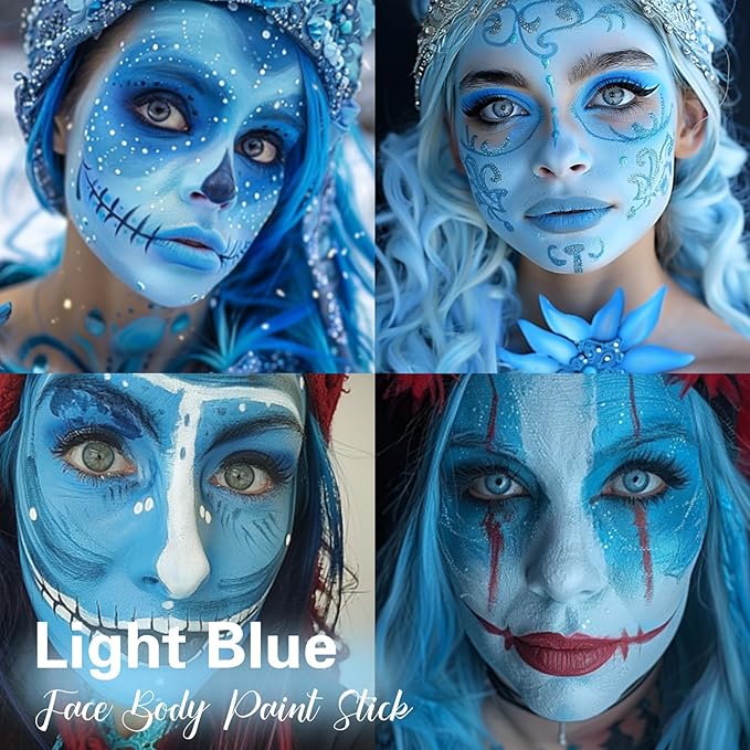 BADCOLOR Light Blue Face Body Paint, Pale Blue Eye Black Stick for Football/Baseball/Softball, Hypoallergenic Grease Sticks for Corpse Bride Halloween SFX Avatar Sally Makeup