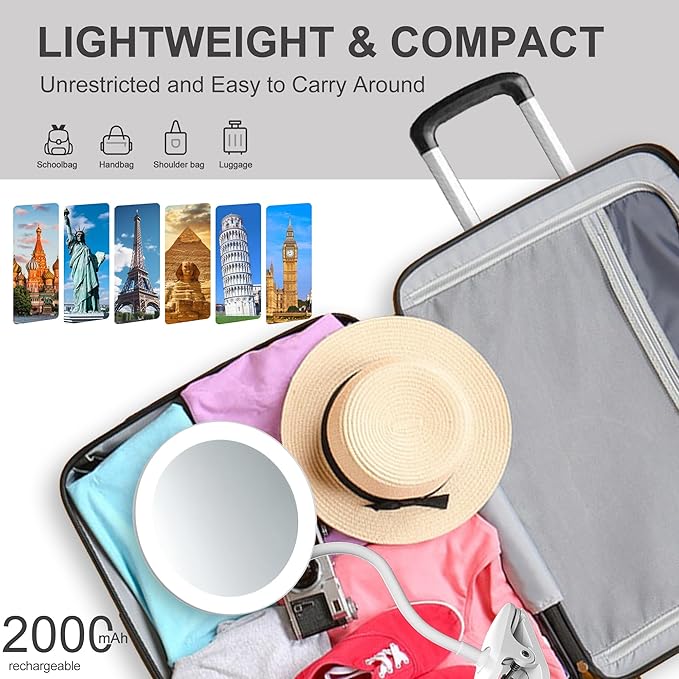 6.5" Clip on Vanity Makeup Mirror with Light, gooseneck Travel 5X Magnifying Mirror,USB Recharge (White 5X)