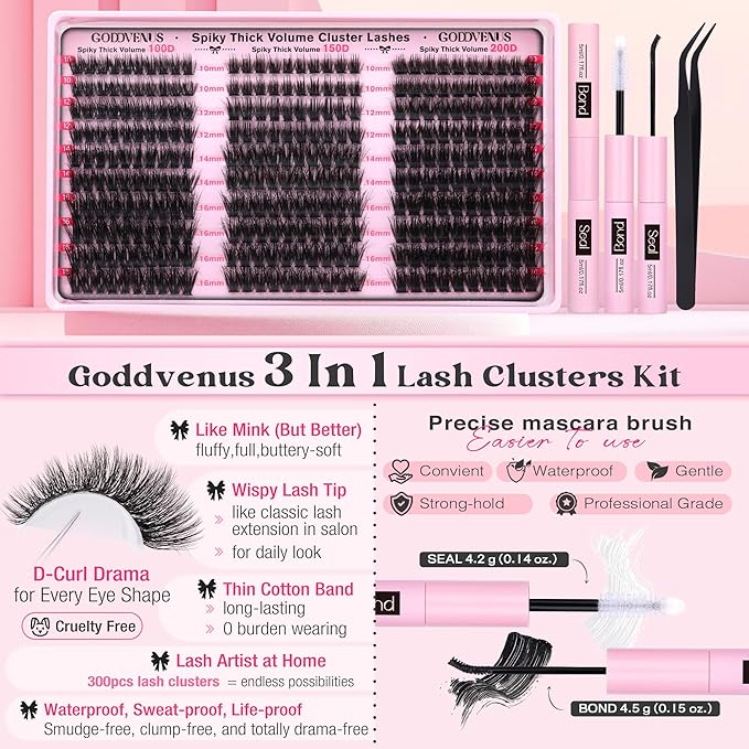 Fluffy Lash Clusters Kit Thick 100-150-200D Volume Eyelash Clusters Kit 10-16mm Wispy Individual Lashes Kit D Curl Cluster Eyelash Extensions 300pcs DIY Lash Extension for Beginners