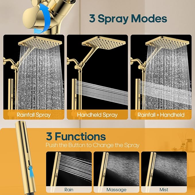 Hombeter Shower Heads with Handheld Spray Combo Gold, 10 Inch High Pressure Rain/Rainfall Shower Head, Height Adjustable Dual 2 in 1 Shower Head System with Stainless Steel Hose