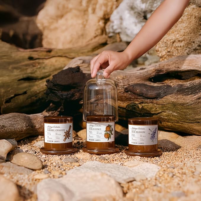 Hidden Label Fall Candles Caramel Cinnamon Scented, 10oz Natural Candles Non Toxic for Home Scented with Clear Bell Jar, Aromatherapy Candle for Spa/Yoga/Meditation & Stress Relief Gifts